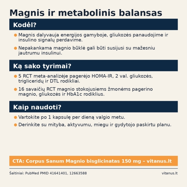 Magnio bisglicinatas ir metabolinis balansas: magnis gliukozės apykaitai bei jautrumui insulinui